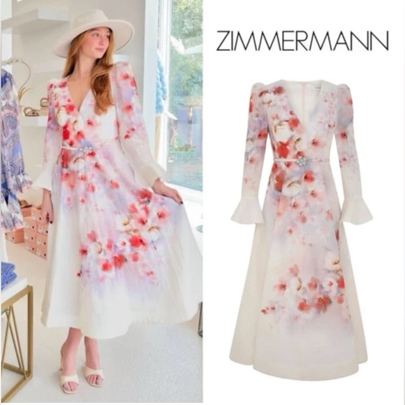 Zimmermann Dresses & Skirts - Zimmermann White and Pink Floral Long Sleeve Dress size AU 3 -US 10